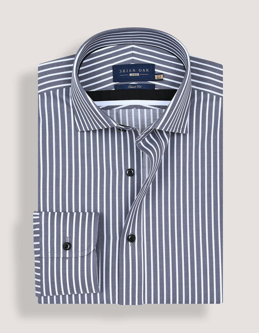 Men's Grey and White Striped Cotton Shirt