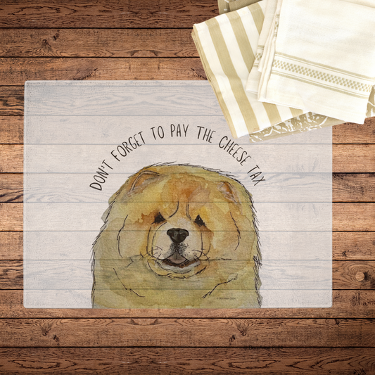 Slice with Style: Fawn Chow Chow "Cheese Tax" Glass Chopping Board