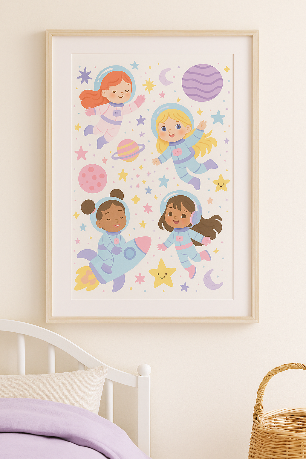 Girls in Space Wall Art – Pastel Astronaut Nursery Print