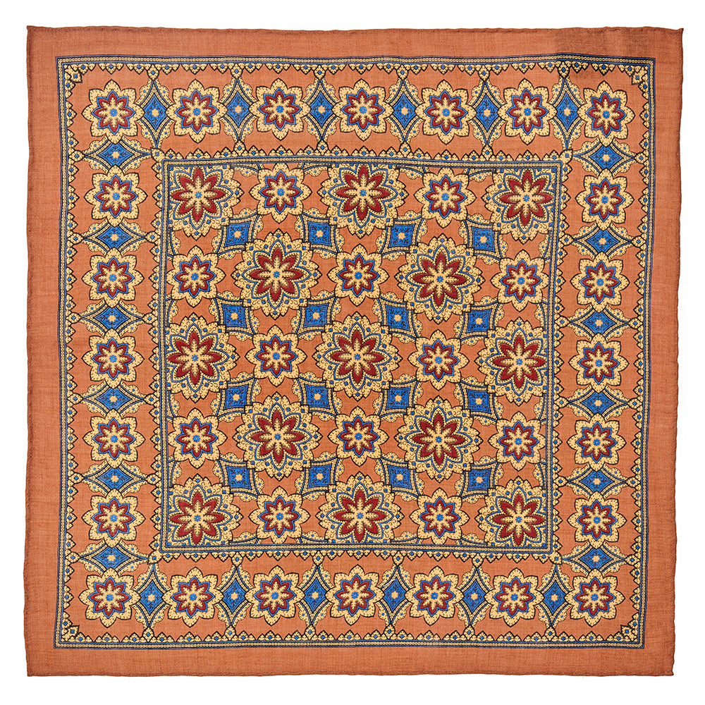 Floral Design In Burnt Orange (Wool & Silk Mix) Pocket Square
