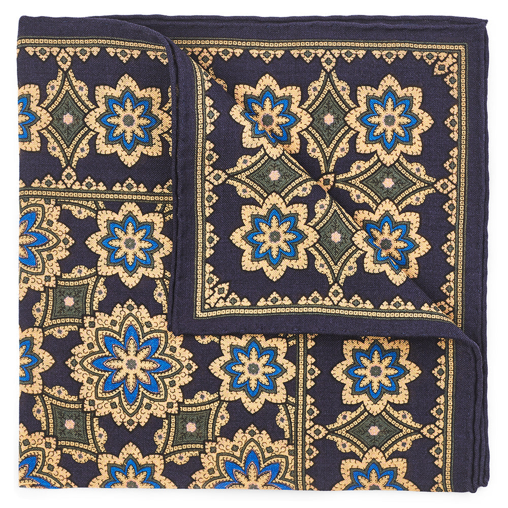 Floral Design In Navy (Wool & Silk Mix) Pocket Square