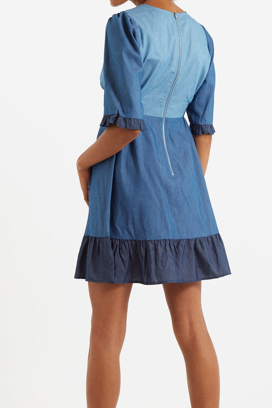 Honie Double Denim V-Neck Mini Dress