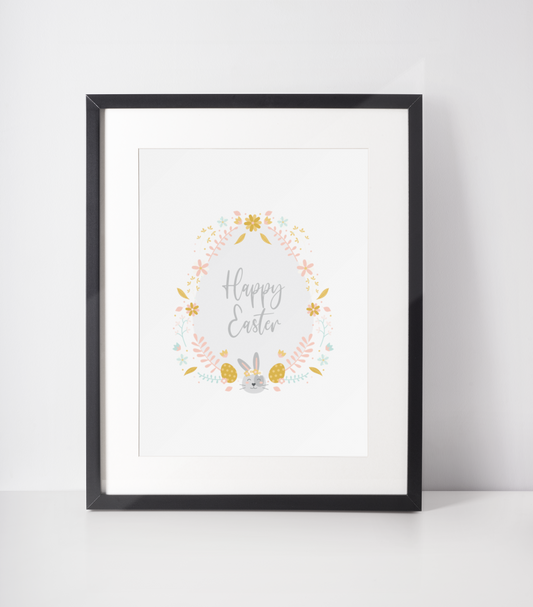 Happy Easter Bunny Egg Wreath Spring Easter Seasonal Wall Home Decor Print