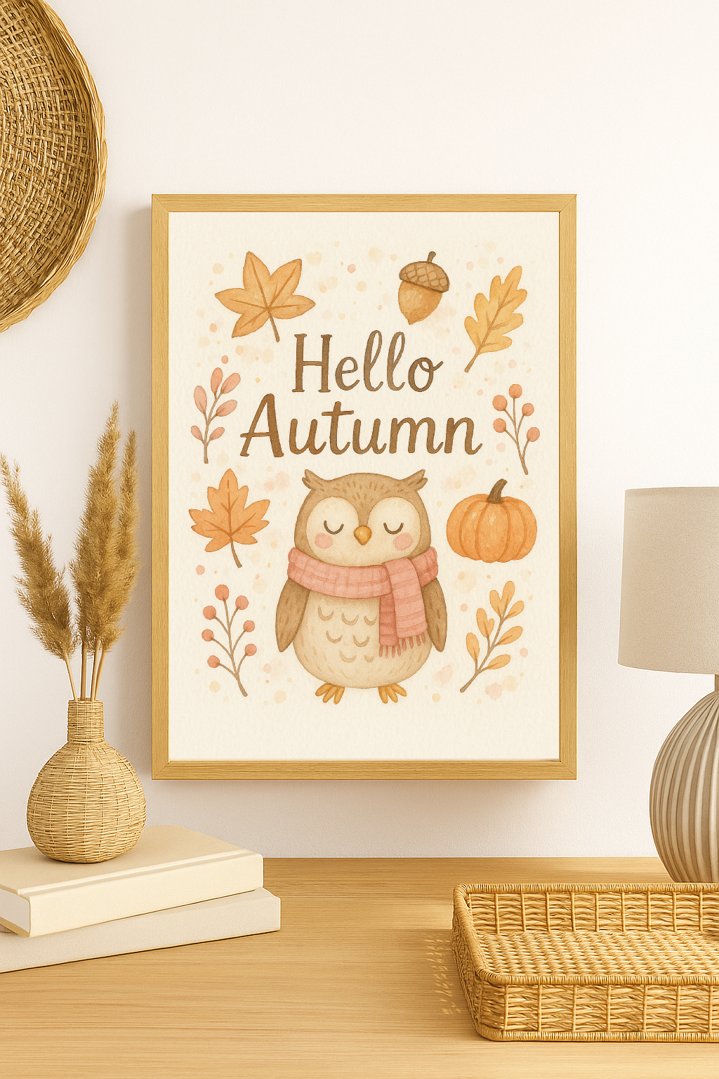 Hello Autumn – Cosy Owl Wall Art with Fall Leaves & Pumpkin