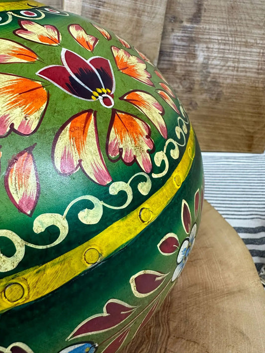 Vintage Painted Indian Water Pot Vase / Riveted Hand Beaten Metal Plant Pot A