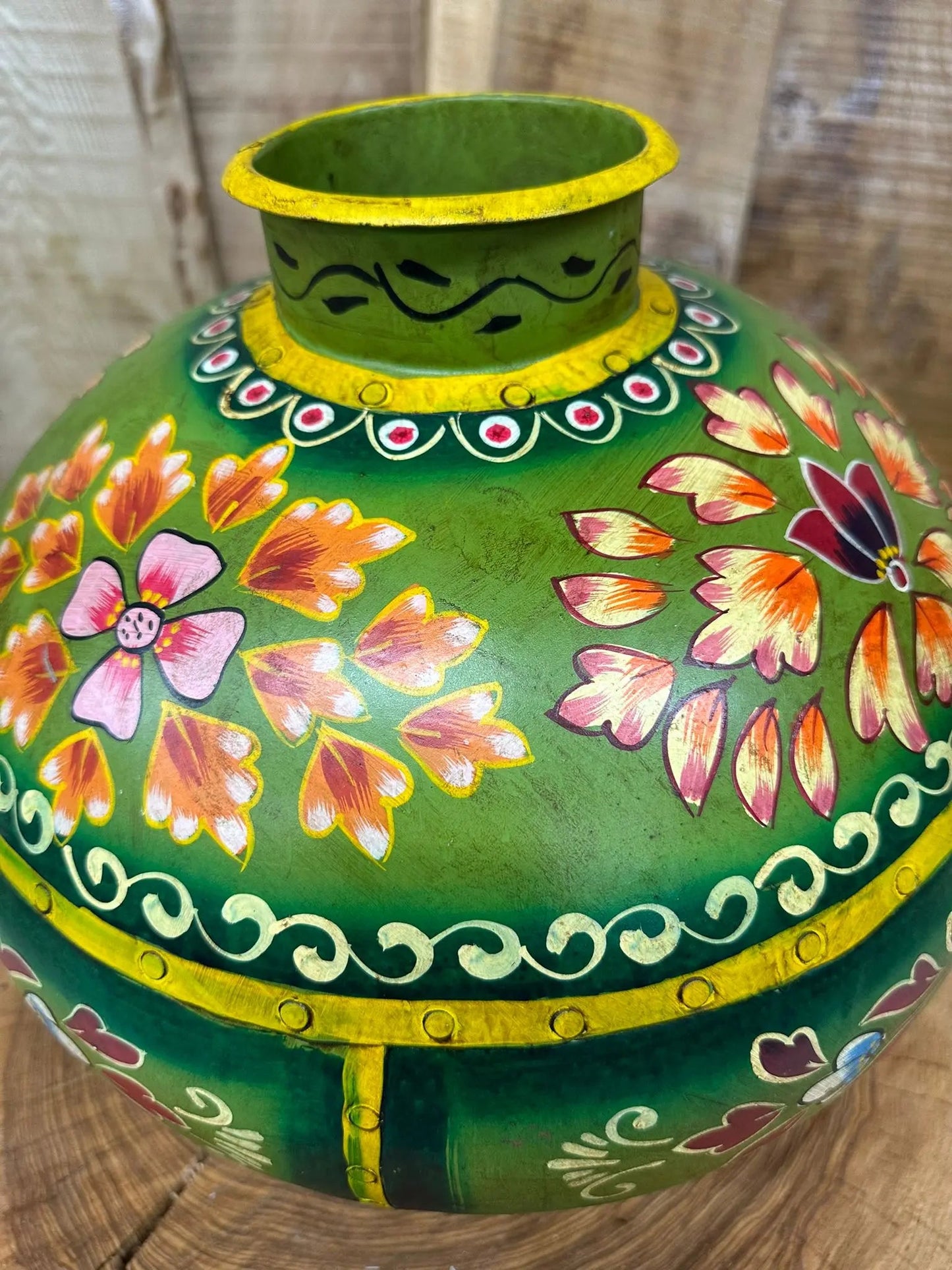 Vintage Painted Indian Water Pot Vase / Riveted Hand Beaten Metal Plant Pot A