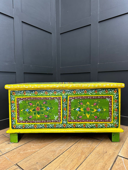 Vintage Indian Hand Painted Trunk Blanket Chest / Coffee Table / Sideboard Green