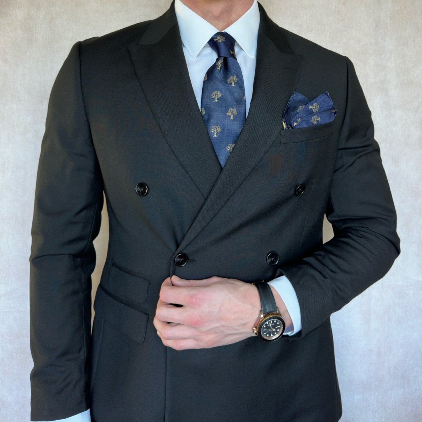 Tree Pocket Square Navy Blue & Gold