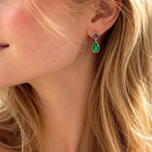 Iris Double Gemstone Drop Earrings with Amethyst & Green Onyx