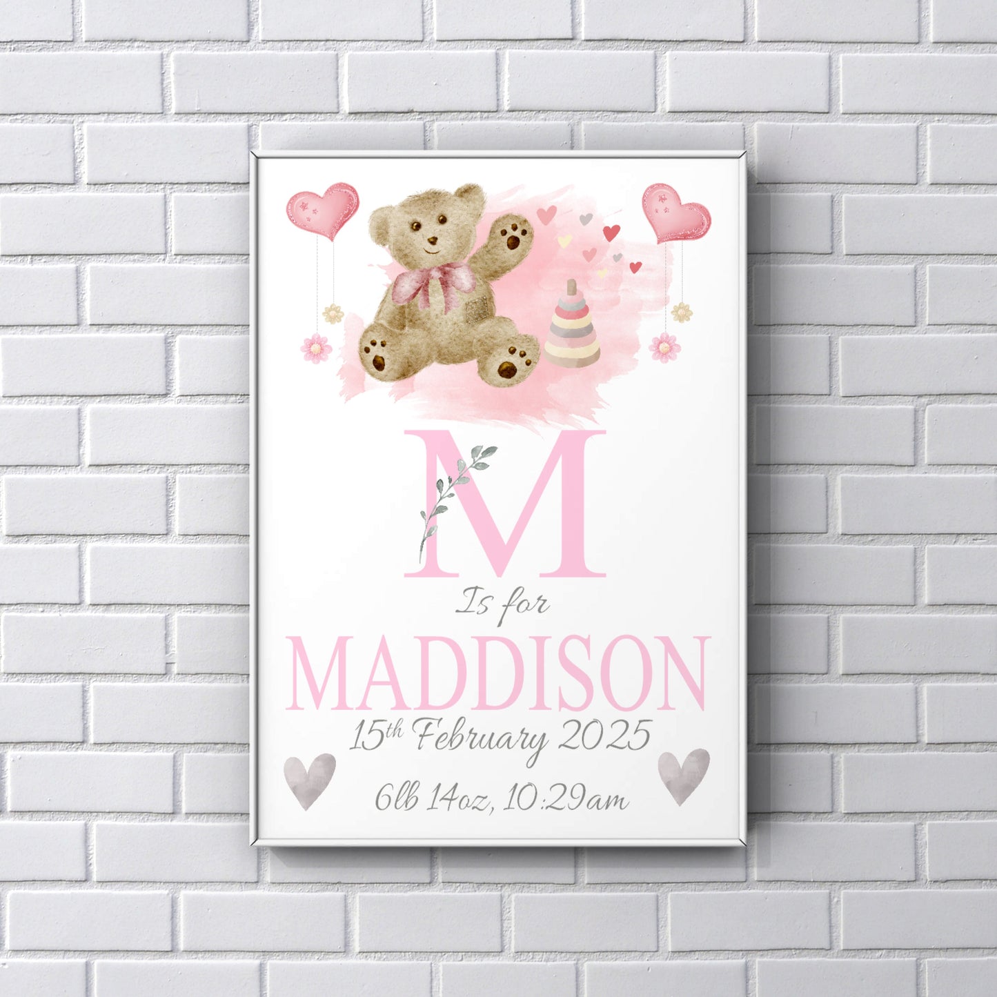 Personalised Nursery Decor - Teddy Newborn Girl print gift