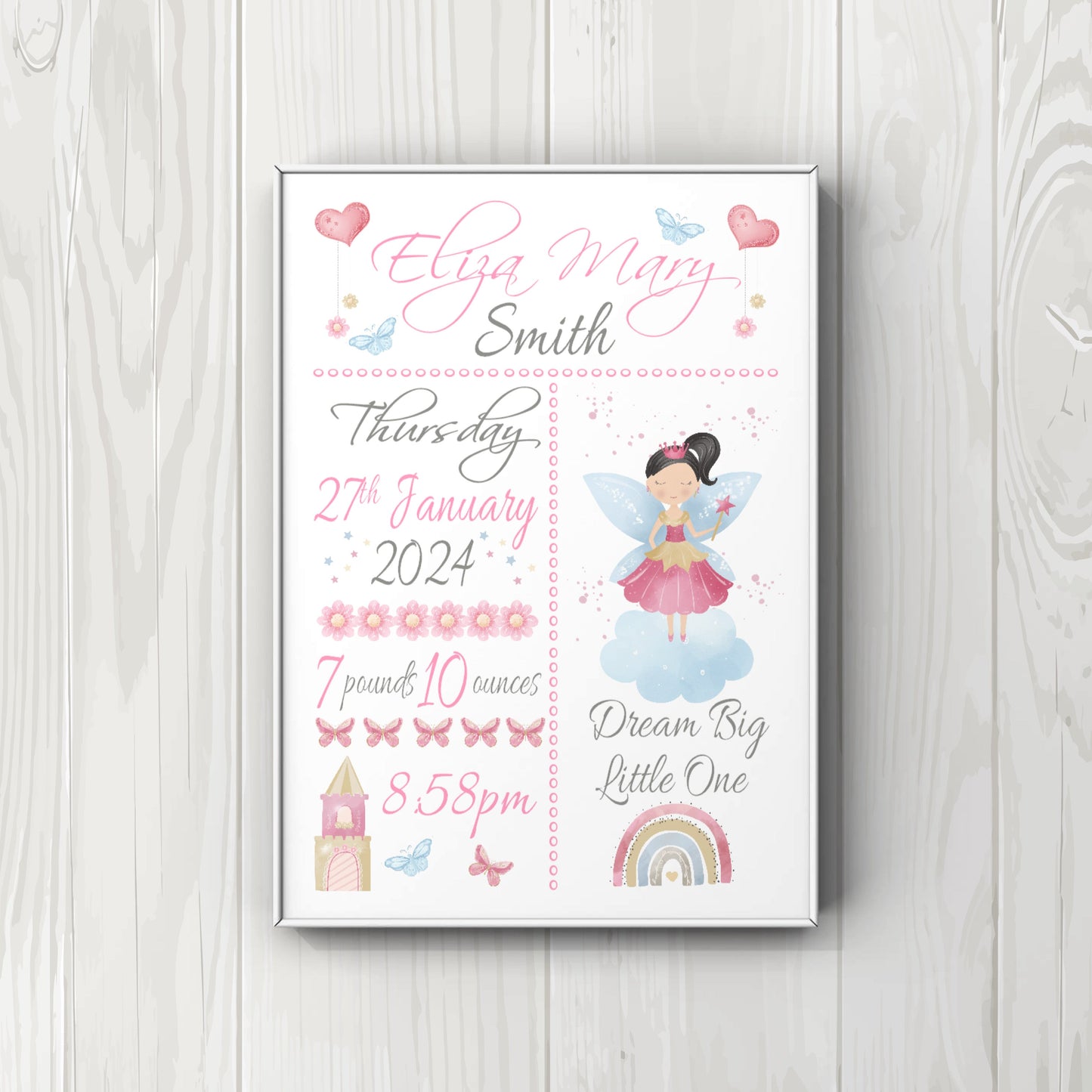 Prints for nursery - Personalised fairy princess birth date print - Newborn girl