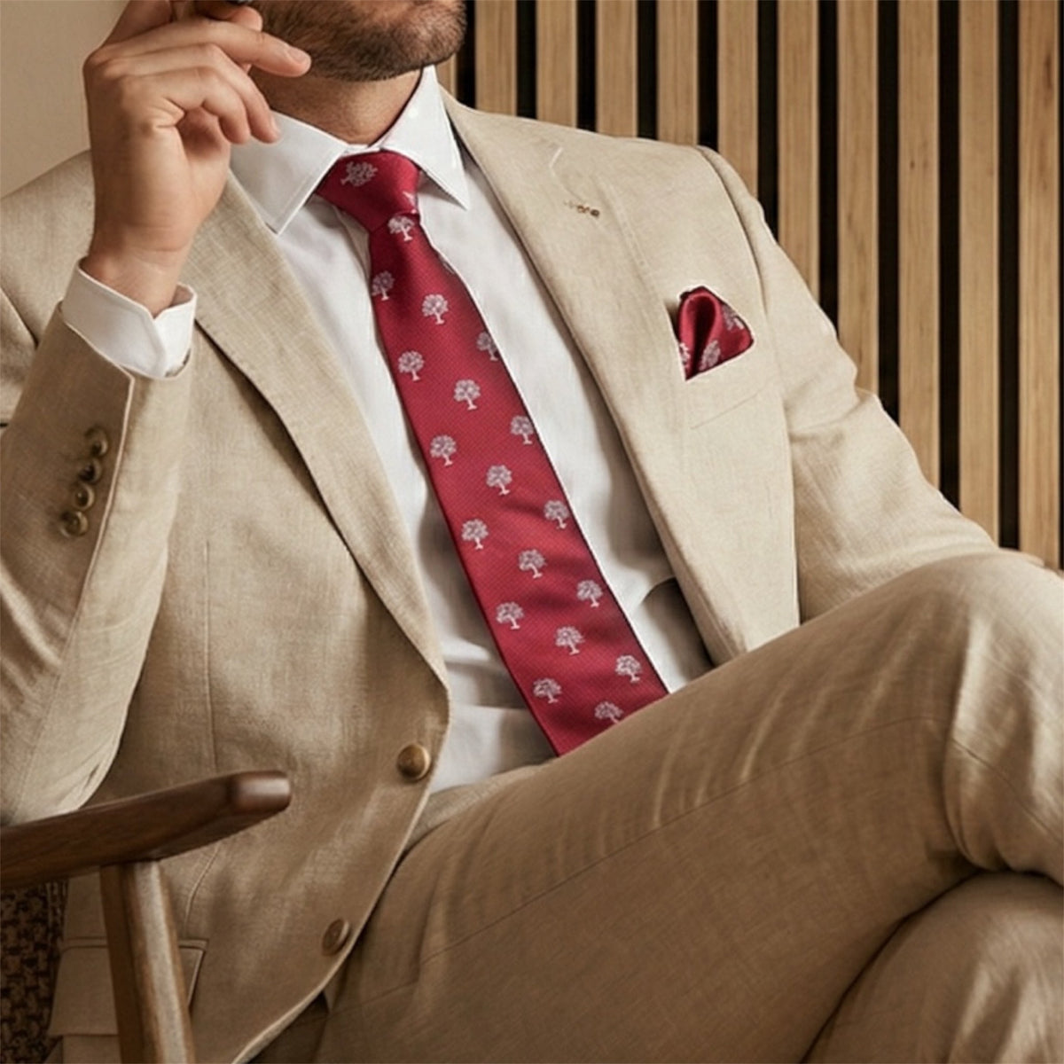 Tree Pocket Square Red & Silver
