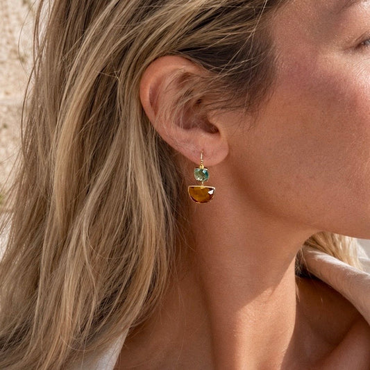 Charis Halfmoon Double Gemstone Earrings Blue Topaz & Citrine