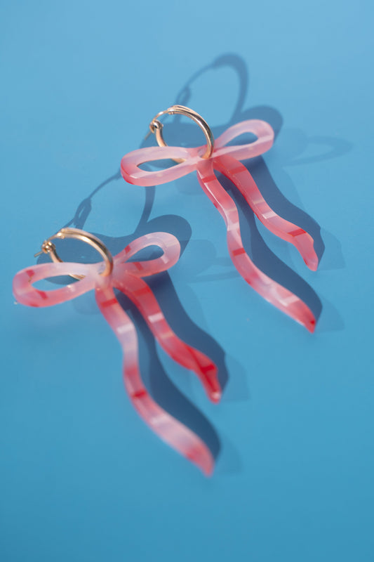 Pink Tartan Dangly Bow Hoop Earrings