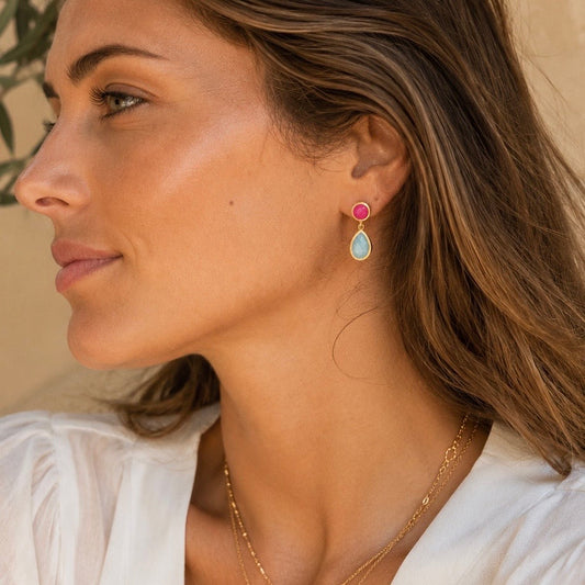Iris Double Gemstone Drop Earrings with Fuchsia Onyx & Amazonite