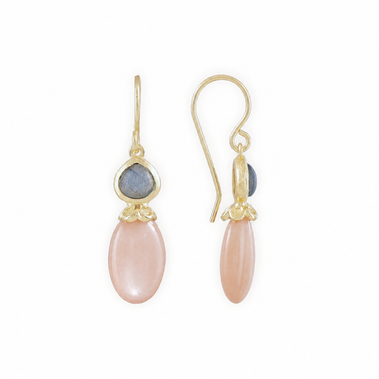 Persephone Double Gemstone Earrings Peach Moonstone & Labradorite