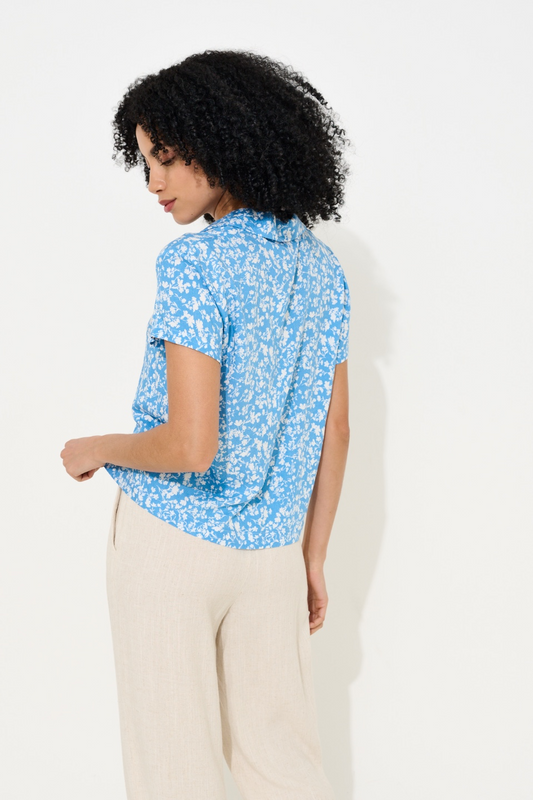 Marika Negative Floral Print Short Sleeve Shirt - Blue