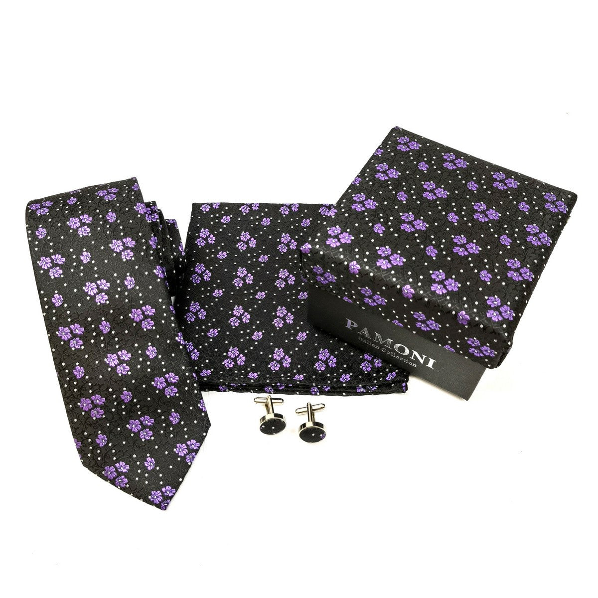 Black Lilac Motif Tie & Cufflinks Set
