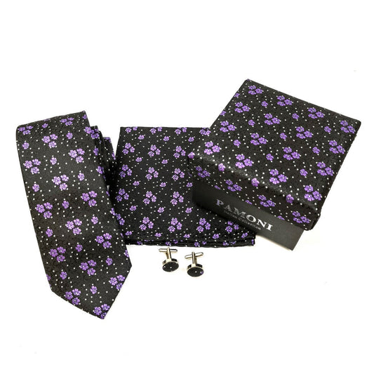 Black Lilac Motif Tie & Cufflinks Set