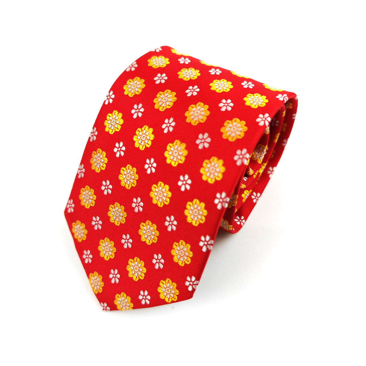 Red Yellow Flower Geometric Tie & Pocket Square Set