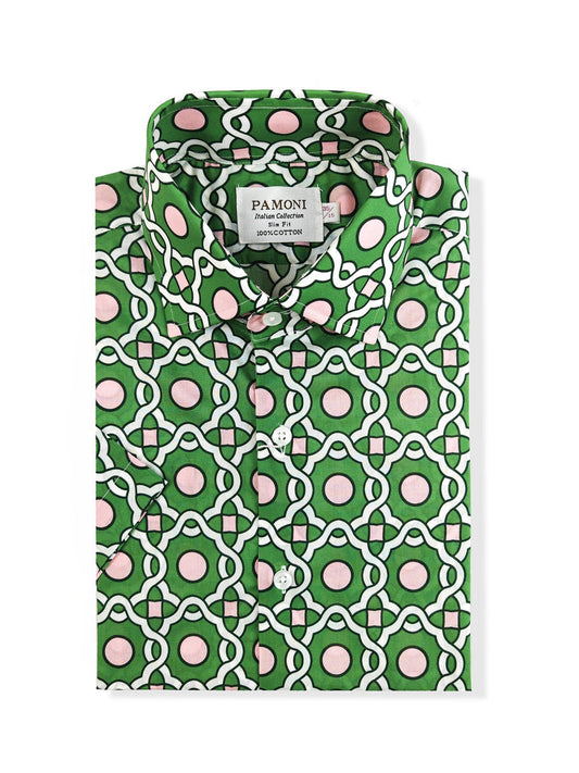 Green with Pink and White Geometric Print Short Sleeves Shirt