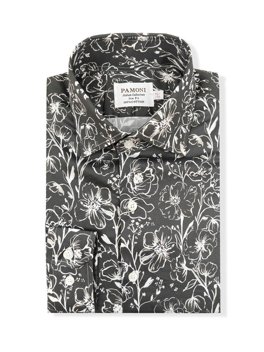 Men's Slim Fit Grey Monochrome Floral Pattern Shirt