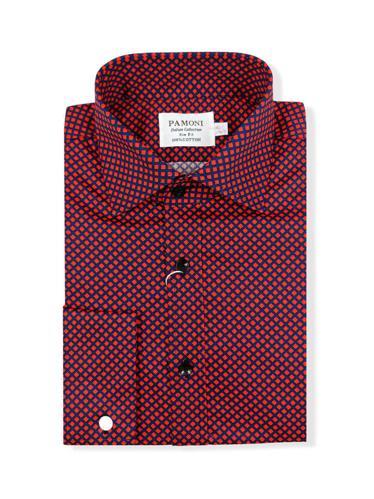 Men's Slim Fit Red & Blue Geometric Print Shirt
