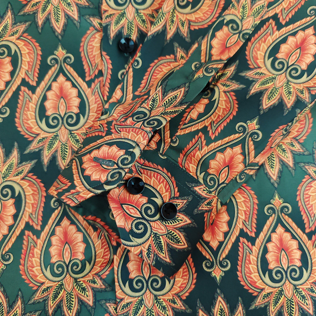Men's Slim Fit Green Orange Patterned Shirt