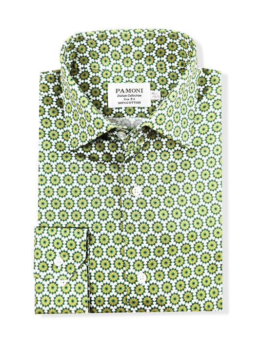 Green Geometric Print Slim Fit Cotton Shirt – Single Cuff