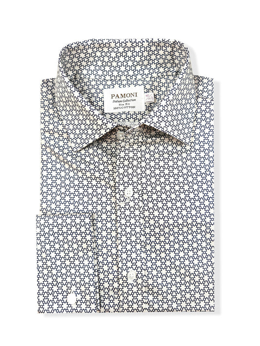 Black and White Geometric Print Slim Fit Double Cuff Shirt