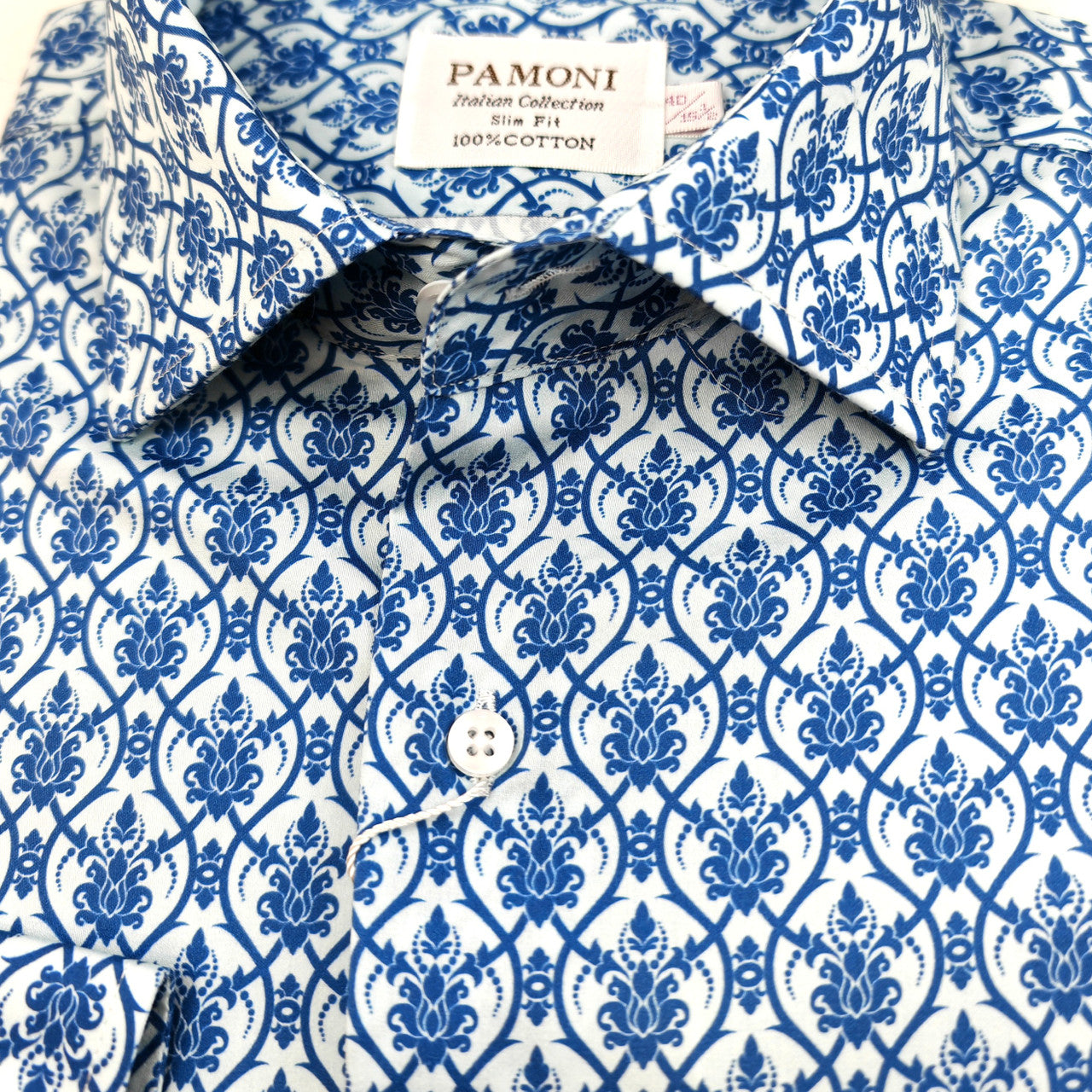 Men’s Blue Floral Tile Print Slim Fit Cotton Shirt