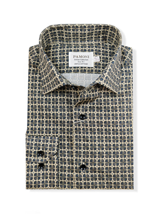Men’s Beige & Navy Geometric Print Slim Fit Shirt – 100% Cotton