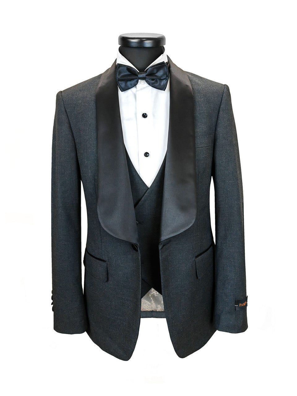 Men’s Slim Fit Wool-Blend Tuxedo with Satin Shawl Lapels – Charcoal