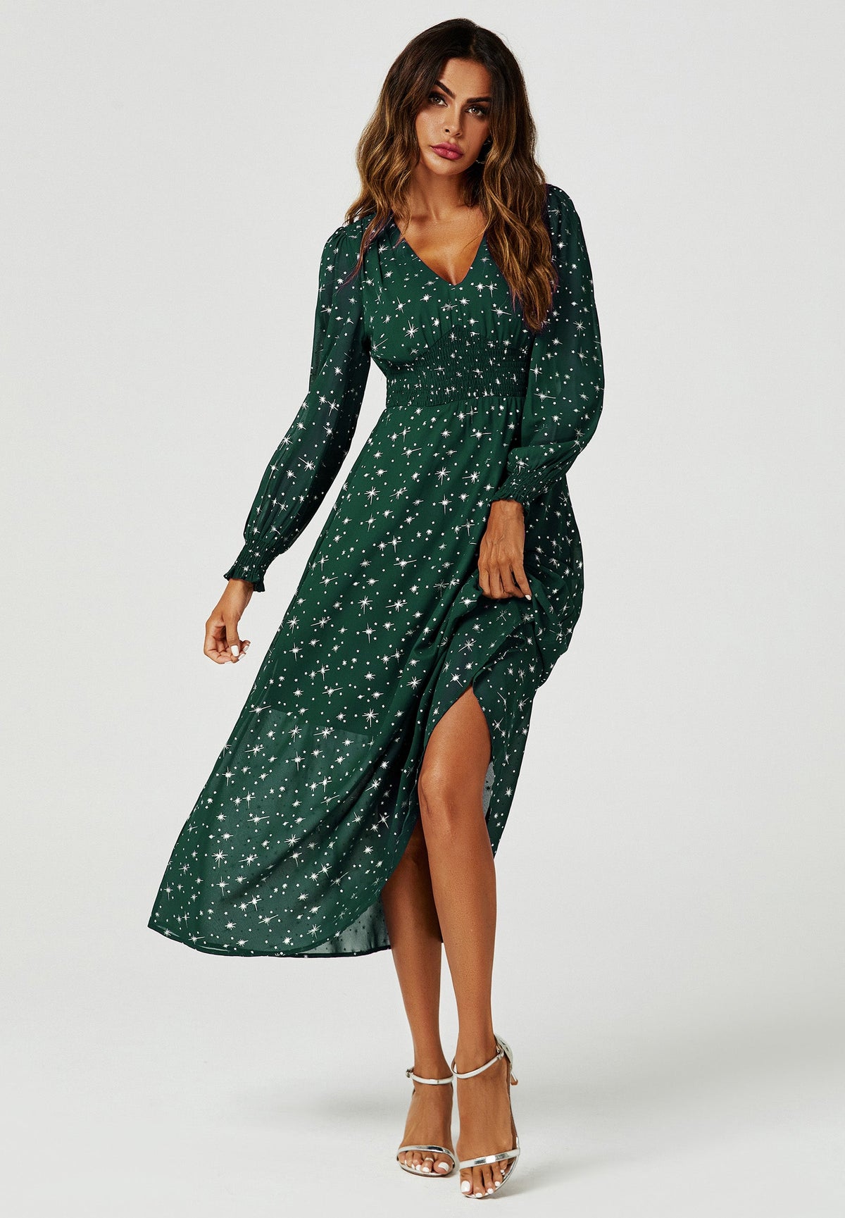 Silver Star Foil Long Sleeve Maxi Dress In Green