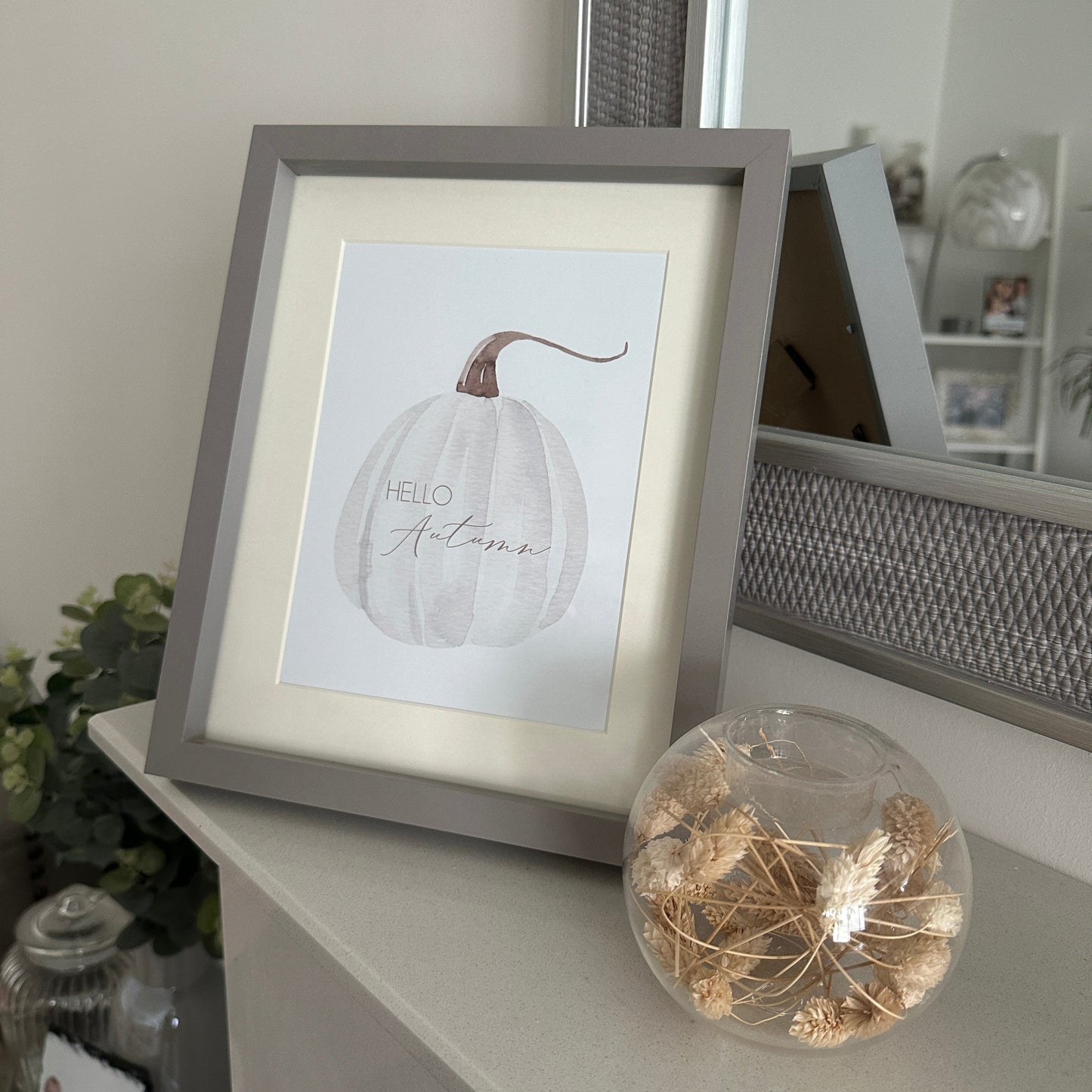 Hello Autumn White Pumpkin Seasonal Wall Home Decor Print