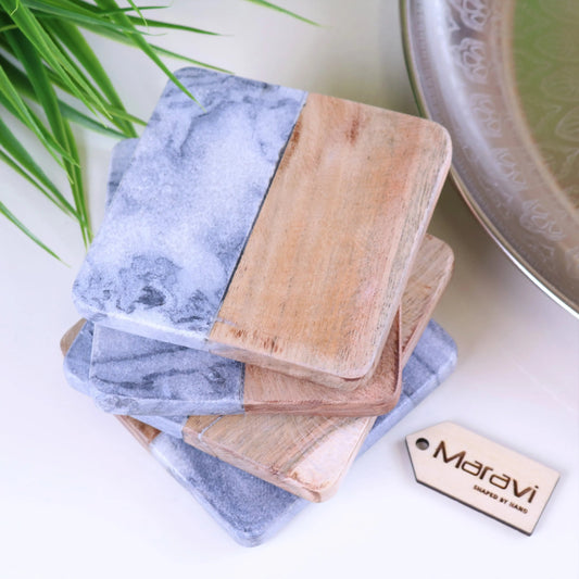 Salya Grey Marble and Wood Luxury Coasters