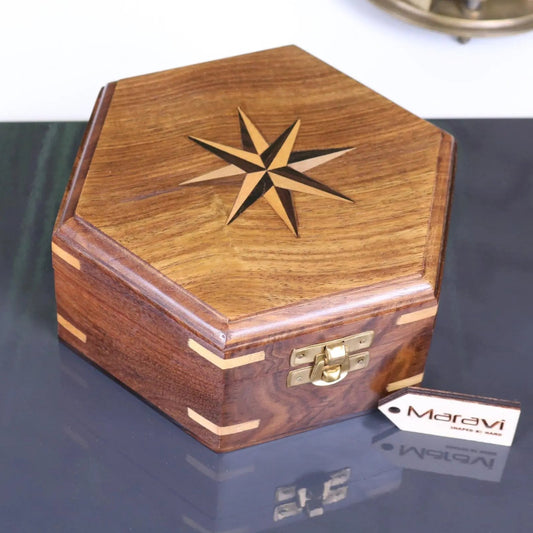 Araria Hexagonal Wooden Box with Compass Inlay