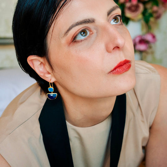 Charis Halfmoon Double Gemstone Earrings Blue Chalcedony & Blue Jade