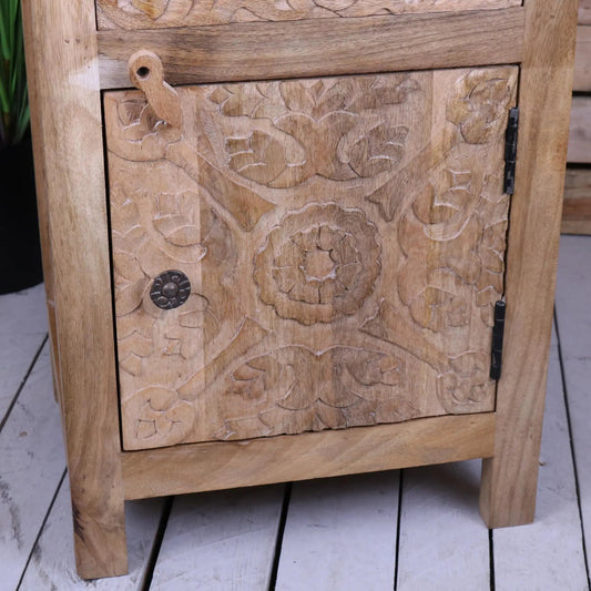 Nausel Mango Wood Bedside Cabinet Hand Carved