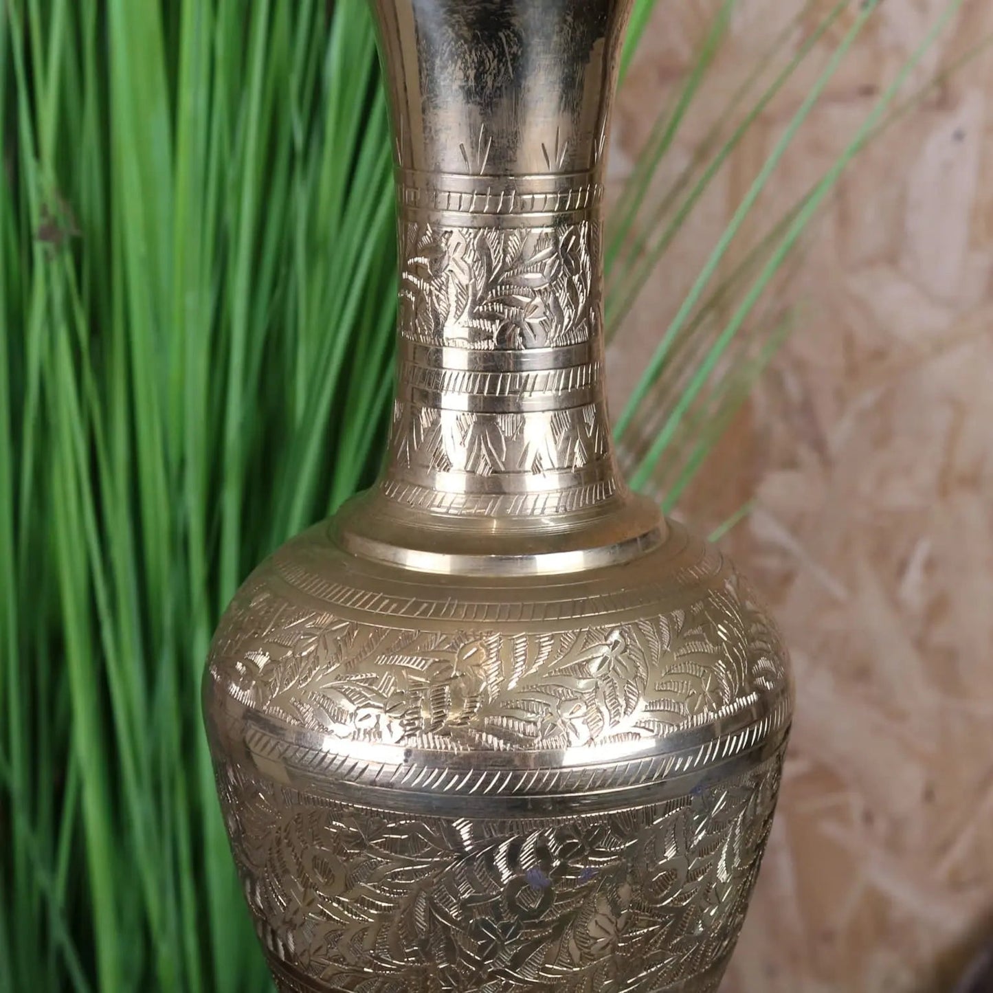 Vintage 36cm Small Brass Vase Hand Etched