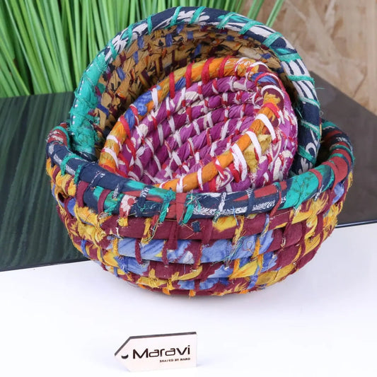 Chaura Set of 3 Recycled Baskets Sari Material