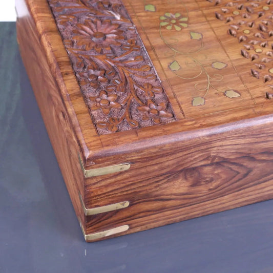 Vervek Large Hand Carved Wooden Box with Brass Inlay