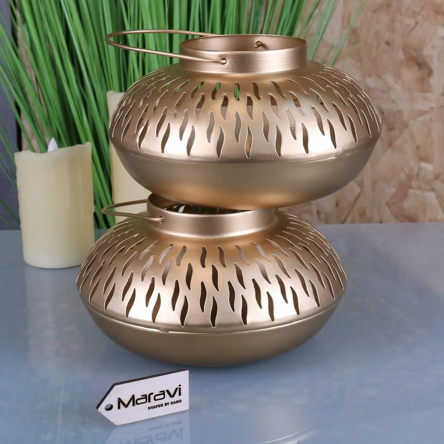 Mohra Set of 2 Moroccan Gold Candle Lantern