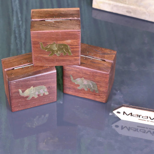 Jatani Set of 3 Wooden Trinket Boxes Brass Elephant