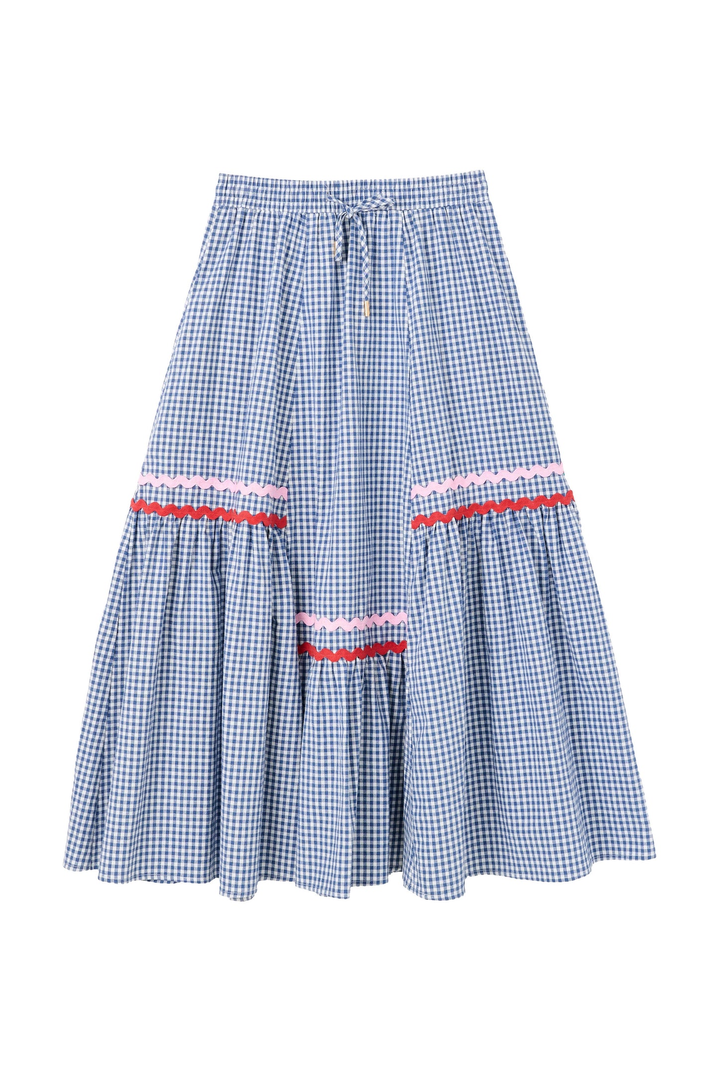 Jill Gingham Ric Rac Trim Tiered Midi Skirt - Blue