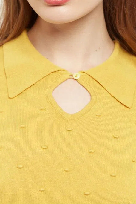 Louche Josephina Raindrops Textured Short Sleeve Collared Sweater Mustard