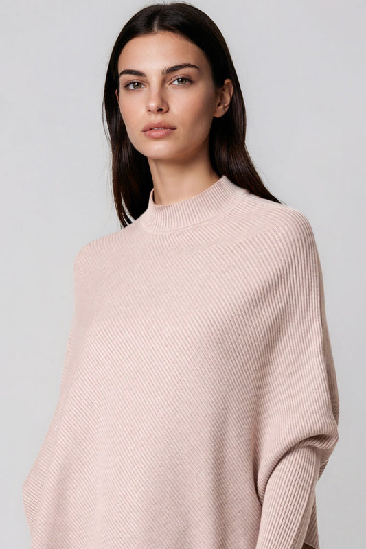 Beige Ribbed High Neck Jumper