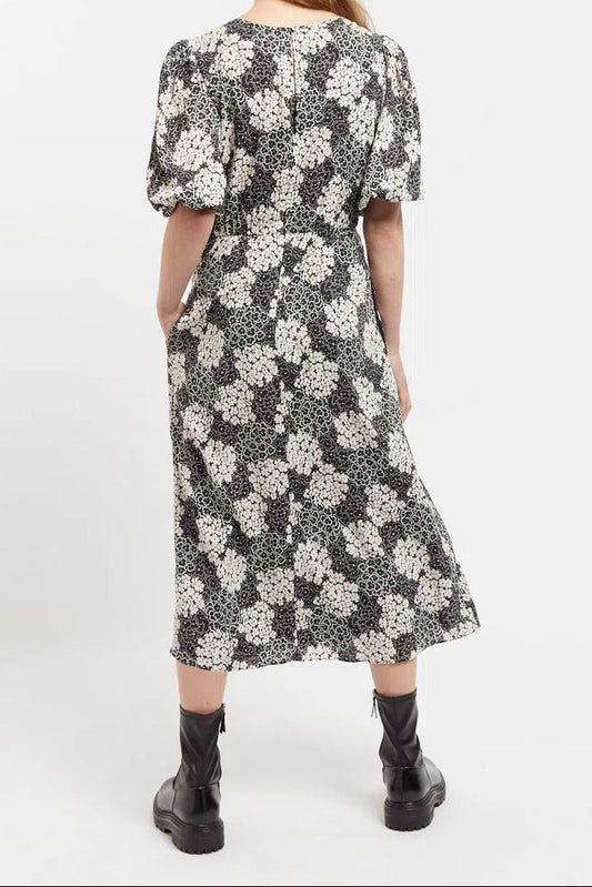 Leonore Flower Patch Balloon Sleeve Midi Dress in Black & White