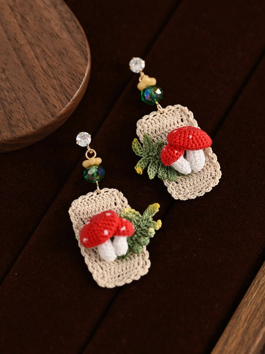 Magic Carpet Mushroom Micro-Crochet Earrings – Whimsical Handmade Forest Charms