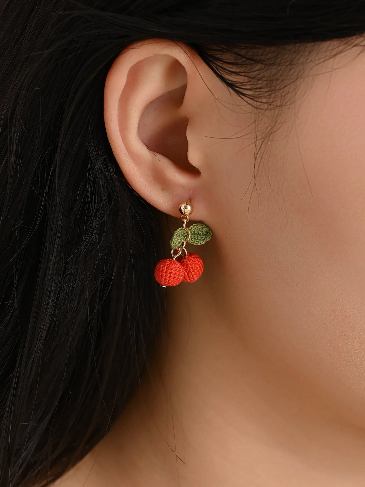 Small Cherries with leaves Cherry Micro Crochet Earrings